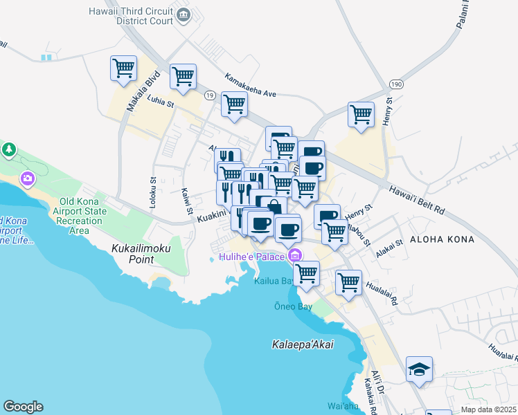 map of restaurants, bars, coffee shops, grocery stores, and more near 74-5629 Kuakini Highway in Kailua-Kona
