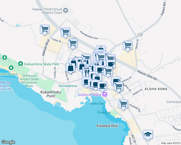 map of restaurants, bars, coffee shops, grocery stores, and more near 74-4983 Palani Road in Kailua-Kona