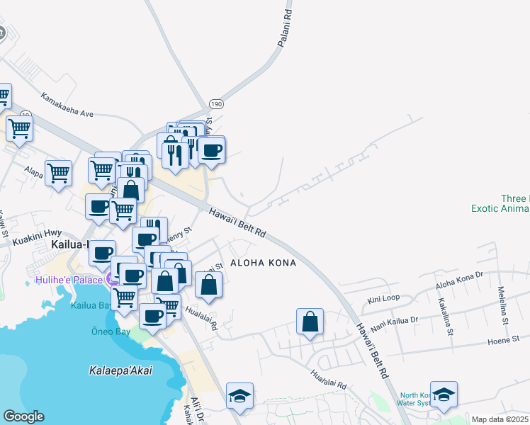 map of restaurants, bars, coffee shops, grocery stores, and more near 75-218 Malulani Road in Kailua-Kona