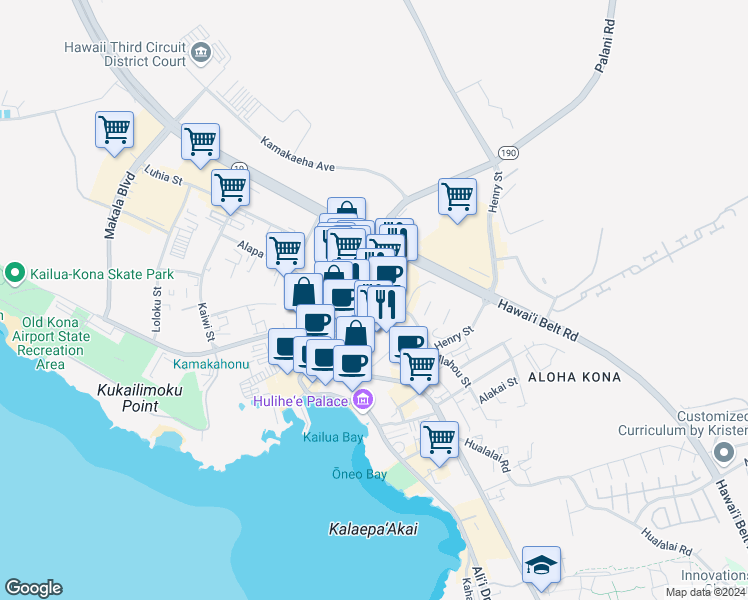 map of restaurants, bars, coffee shops, grocery stores, and more near 75-5595 Palani Road in Kailua-Kona