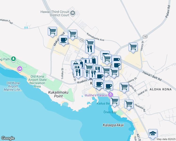 map of restaurants, bars, coffee shops, grocery stores, and more near 74-5599 Pawai Place in Kailua-Kona