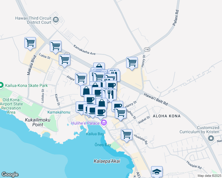 map of restaurants, bars, coffee shops, grocery stores, and more near 75-5595 Palani Road in Kailua-Kona