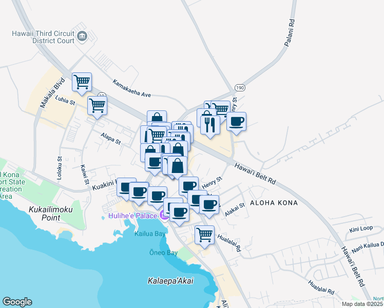 map of restaurants, bars, coffee shops, grocery stores, and more near 75-5595 Palani Road in Kailua-Kona