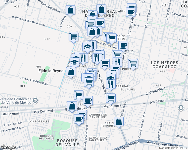 map of restaurants, bars, coffee shops, grocery stores, and more near in San Francisco Coacalco