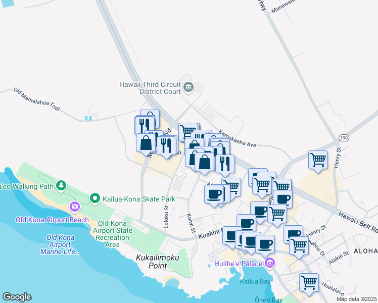 map of restaurants, bars, coffee shops, grocery stores, and more near 74-5533 Luhia Street in Kailua-Kona