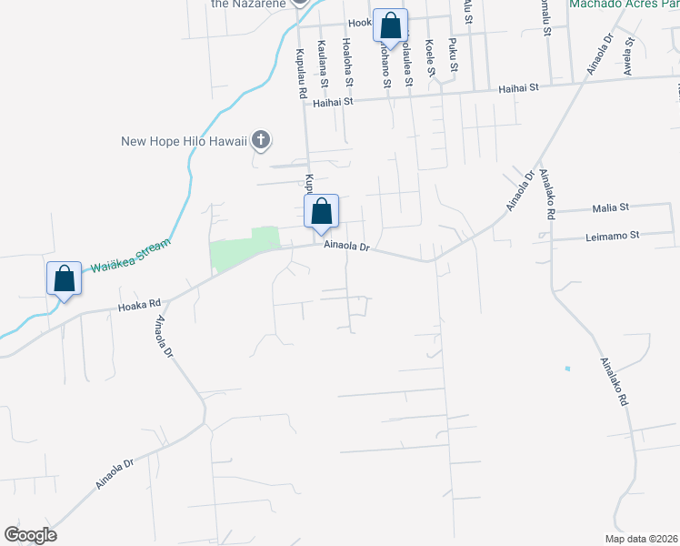 map of restaurants, bars, coffee shops, grocery stores, and more near 1173 Ainaola Drive in Hilo