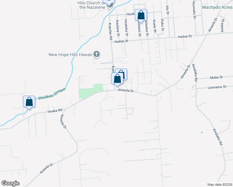 map of restaurants, bars, coffee shops, grocery stores, and more near 1173 Ainaola Drive in Hilo