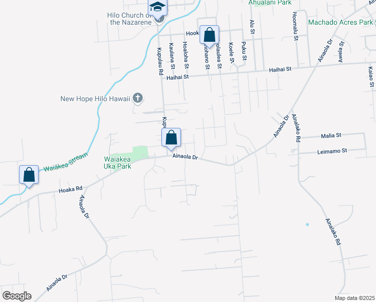 map of restaurants, bars, coffee shops, grocery stores, and more near 45 Momi Street in Hilo