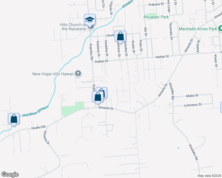 map of restaurants, bars, coffee shops, grocery stores, and more near 1068 Lelepau Street in Hilo
