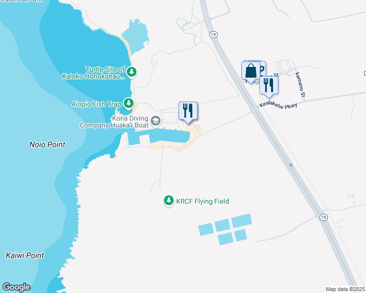 map of restaurants, bars, coffee shops, grocery stores, and more near 74-429 Kealakehe Parkway in Kailua-Kona