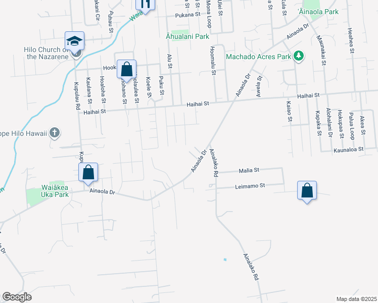 map of restaurants, bars, coffee shops, grocery stores, and more near 59 Hookele Place in Hilo