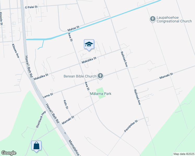 map of restaurants, bars, coffee shops, grocery stores, and more near 421 Lama Street in Hilo