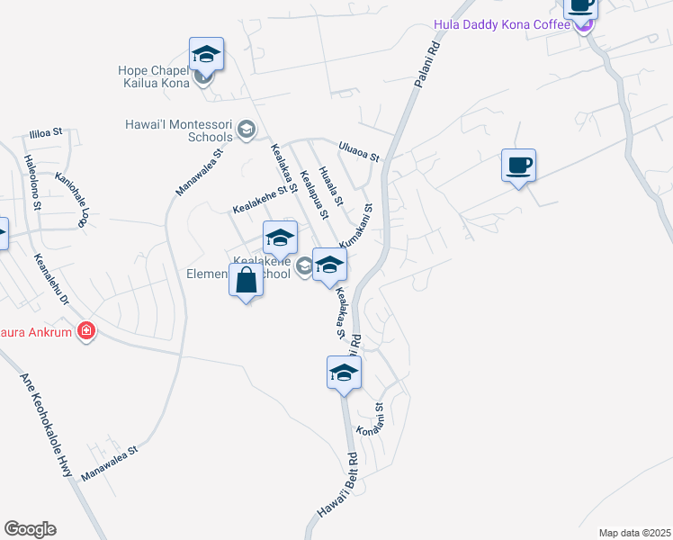 map of restaurants, bars, coffee shops, grocery stores, and more near 74-5101 Kealakaa Street in Kailua-Kona