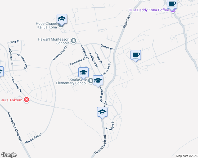 map of restaurants, bars, coffee shops, grocery stores, and more near 74-5101 Kealakaa Street in Kailua-Kona