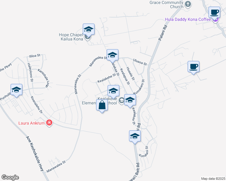 map of restaurants, bars, coffee shops, grocery stores, and more near 74 Onipaa Street in Kailua-Kona