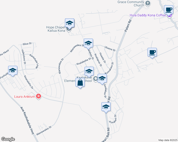 map of restaurants, bars, coffee shops, grocery stores, and more near 74 Onipaa Street in Kailua-Kona