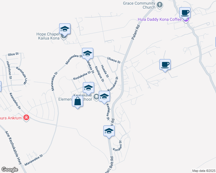 map of restaurants, bars, coffee shops, grocery stores, and more near 74-5081 Kealapua Street in Kailua-Kona