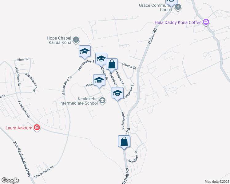 map of restaurants, bars, coffee shops, grocery stores, and more near 74-5071 Kealakaa Street in Kailua-Kona