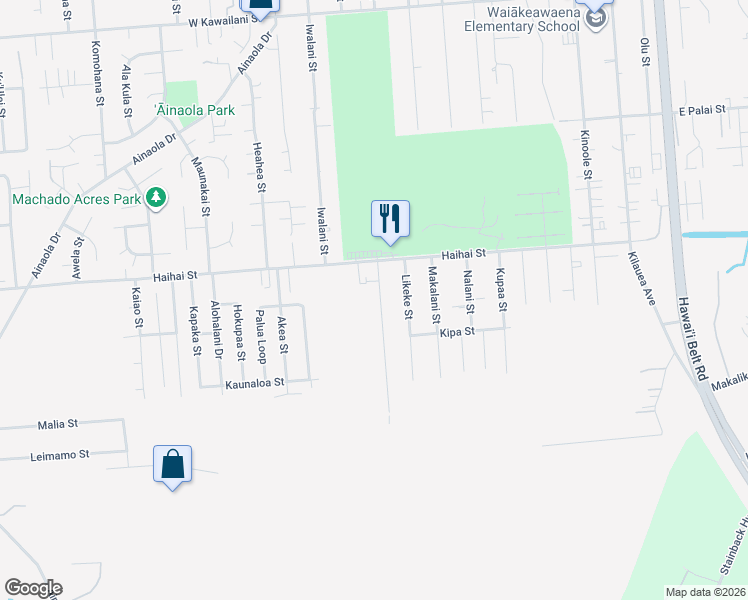 map of restaurants, bars, coffee shops, grocery stores, and more near 54 Laula Road in Hilo