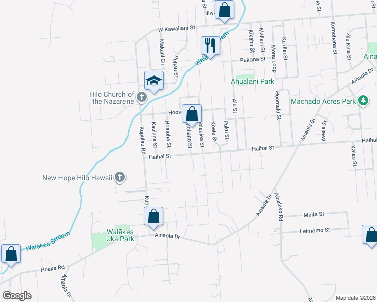 map of restaurants, bars, coffee shops, grocery stores, and more near 1162 Haihai Street in Hilo