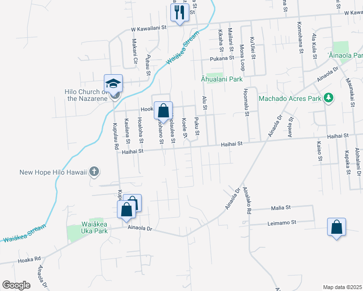 map of restaurants, bars, coffee shops, grocery stores, and more near 1696 Koele Street in Hilo
