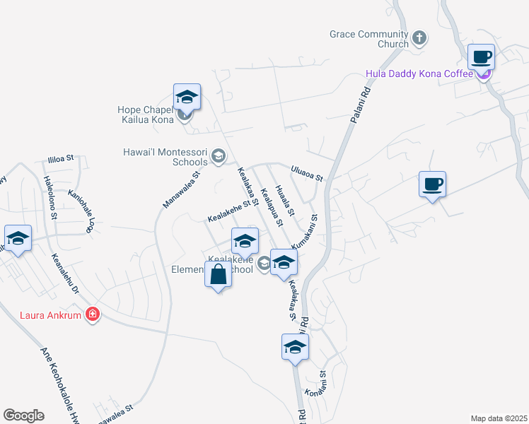 map of restaurants, bars, coffee shops, grocery stores, and more near 74-5053 Kealakaa Street in Kailua-Kona