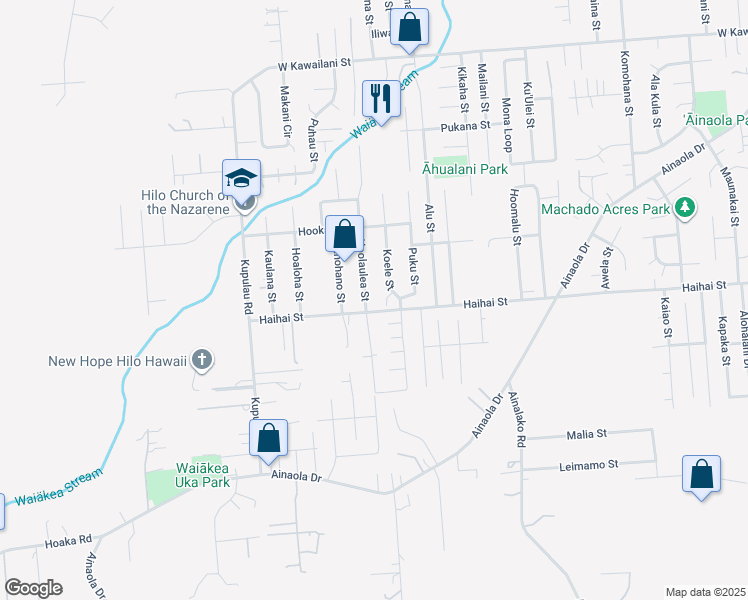 map of restaurants, bars, coffee shops, grocery stores, and more near 1696 Koele Street in Hilo