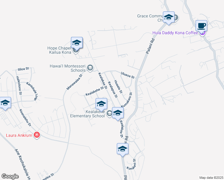 map of restaurants, bars, coffee shops, grocery stores, and more near 74-5053 Kealakaa Street in Kailua-Kona
