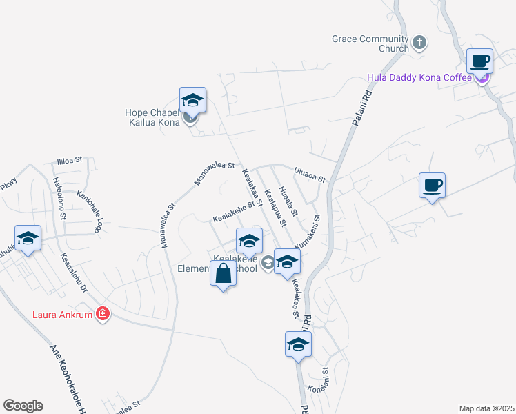 map of restaurants, bars, coffee shops, grocery stores, and more near 74-5053 Kealakaa Street in Kailua-Kona
