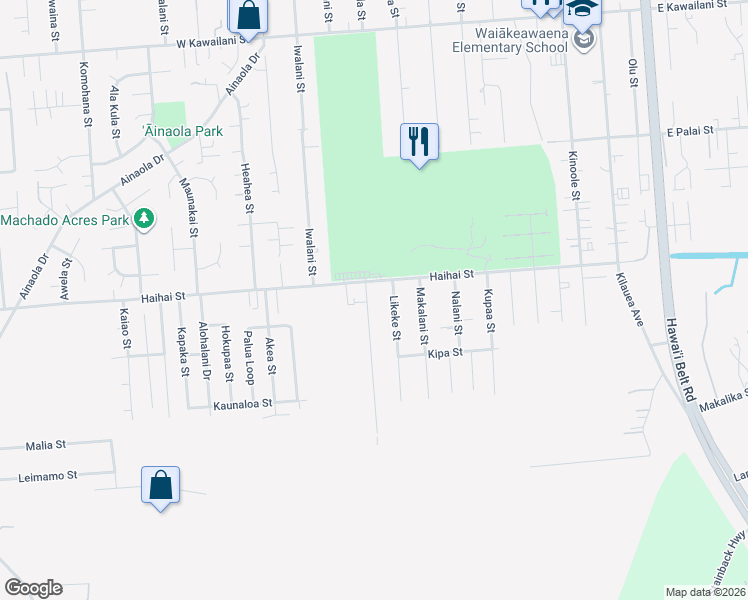 map of restaurants, bars, coffee shops, grocery stores, and more near 54 Laula Road in Hilo