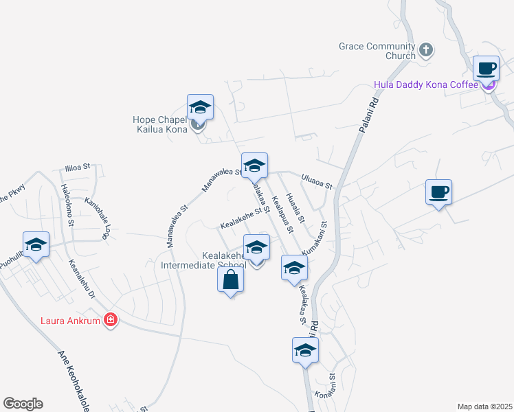 map of restaurants, bars, coffee shops, grocery stores, and more near 74-995 Kealakehe Street in Kailua-Kona