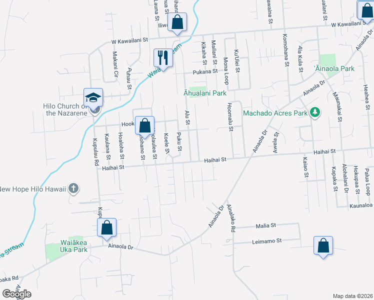 map of restaurants, bars, coffee shops, grocery stores, and more near 1023 Puku Street in Hilo