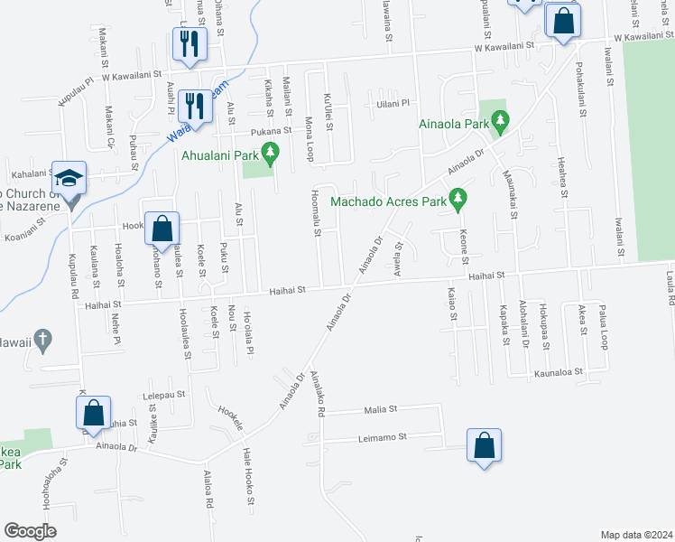 map of restaurants, bars, coffee shops, grocery stores, and more near 21 Hoomalu Street in Hilo