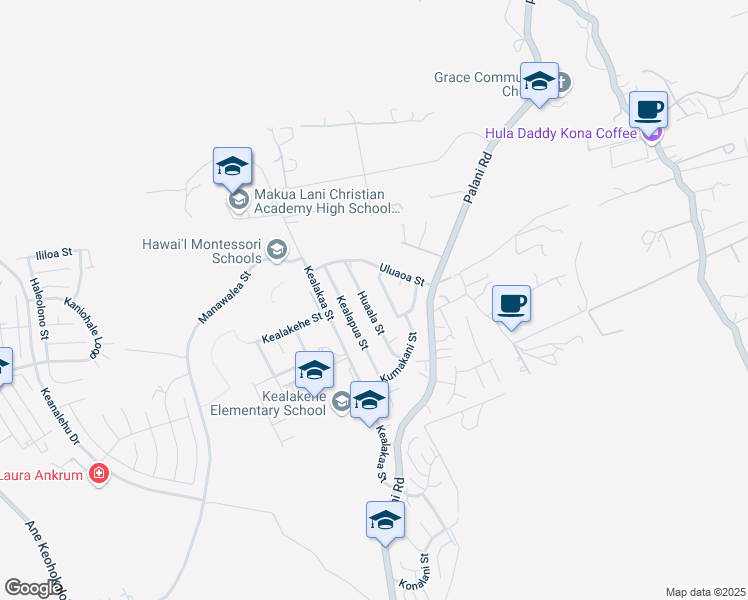 map of restaurants, bars, coffee shops, grocery stores, and more near 74-5045 Huaala Street in Kailua-Kona