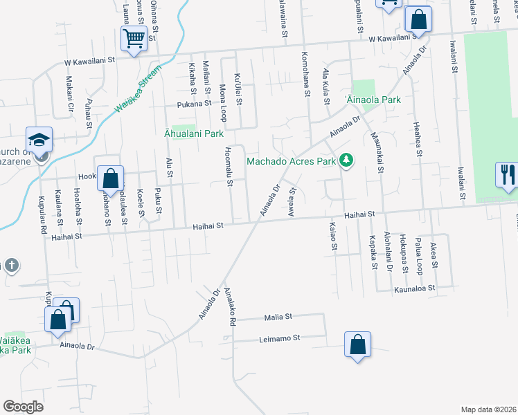 map of restaurants, bars, coffee shops, grocery stores, and more near 570 Ainaola Drive in Hilo