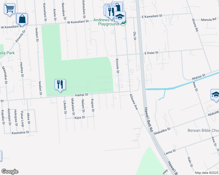 map of restaurants, bars, coffee shops, grocery stores, and more near 2536A Kinoole Street in Hilo