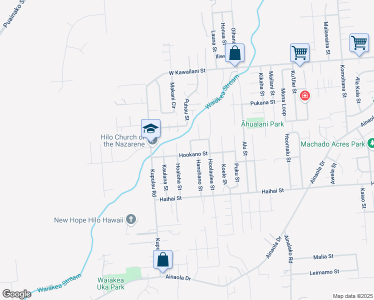 map of restaurants, bars, coffee shops, grocery stores, and more near 131 Kuleana Loop in Hilo