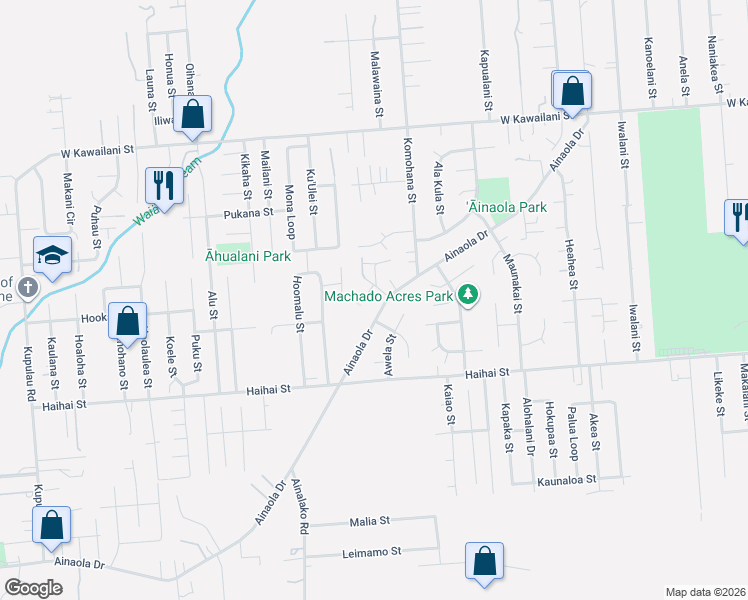 map of restaurants, bars, coffee shops, grocery stores, and more near 490 Ainaola Drive in Hilo