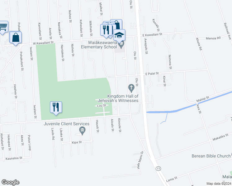 map of restaurants, bars, coffee shops, grocery stores, and more near 2450 Kinoole Street in Hilo