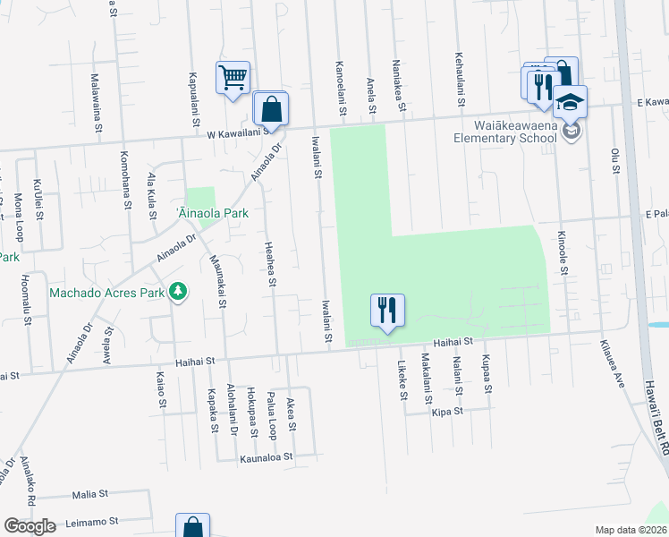 map of restaurants, bars, coffee shops, grocery stores, and more near 607 A Iwalani Street in Hilo