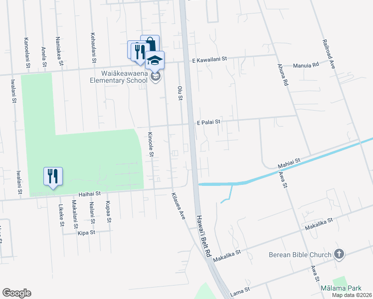 map of restaurants, bars, coffee shops, grocery stores, and more near 417 Olu Street in Hilo