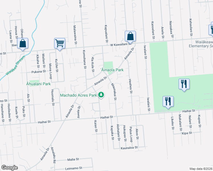 map of restaurants, bars, coffee shops, grocery stores, and more near 307 Ainaola Drive in Hilo