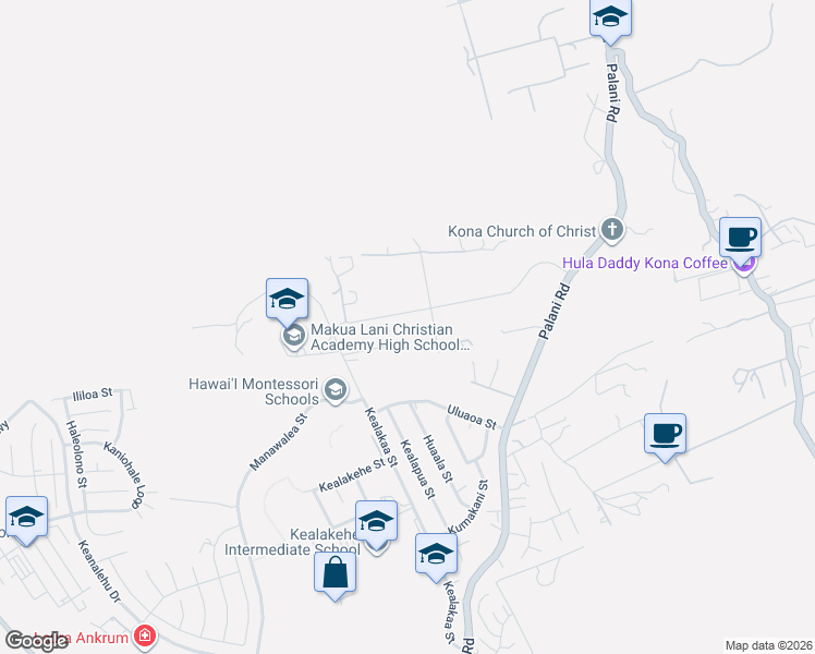 map of restaurants, bars, coffee shops, grocery stores, and more near 74-1444 Hao Kuni Street in Kailua-Kona