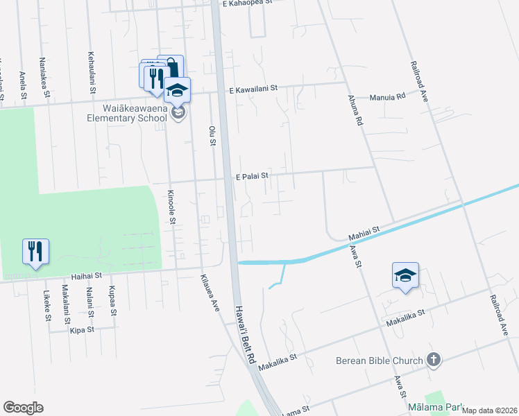 map of restaurants, bars, coffee shops, grocery stores, and more near 147 West Kinai Place in Hilo
