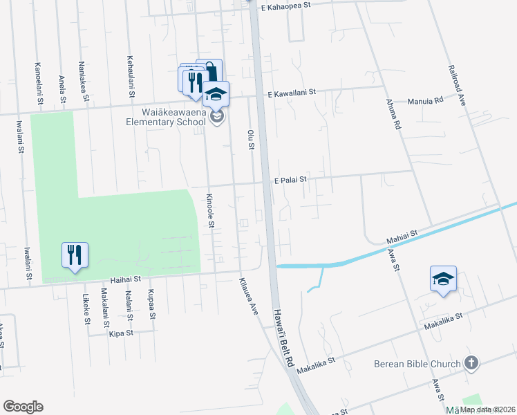 map of restaurants, bars, coffee shops, grocery stores, and more near 417 Olu Street in Hilo