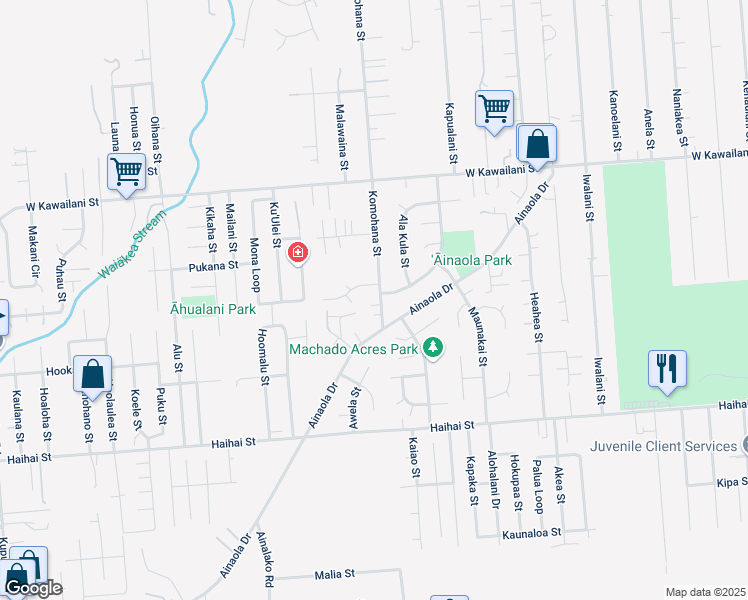 map of restaurants, bars, coffee shops, grocery stores, and more near 1524 Komohana Street in Hilo
