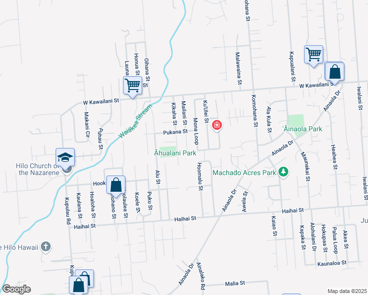 map of restaurants, bars, coffee shops, grocery stores, and more near 1506 Mailani Street in Hilo