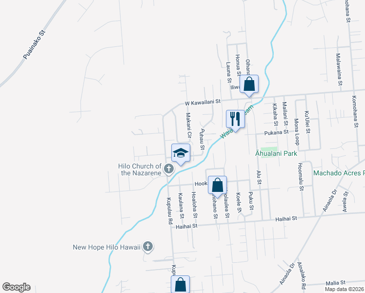 map of restaurants, bars, coffee shops, grocery stores, and more near 255 Makani Circle in Hilo