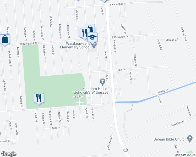 map of restaurants, bars, coffee shops, grocery stores, and more near 2592 Kilauea Avenue in Hilo