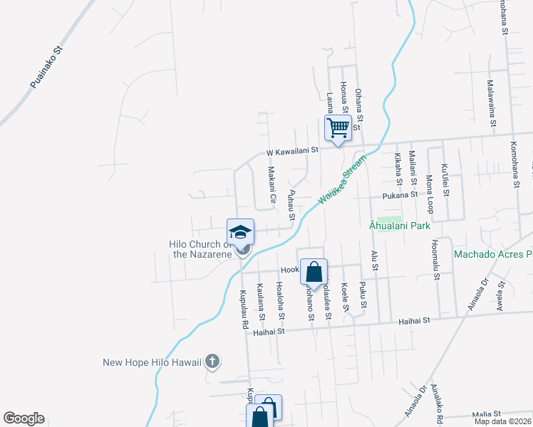 map of restaurants, bars, coffee shops, grocery stores, and more near 255 Makani Circle in Hilo